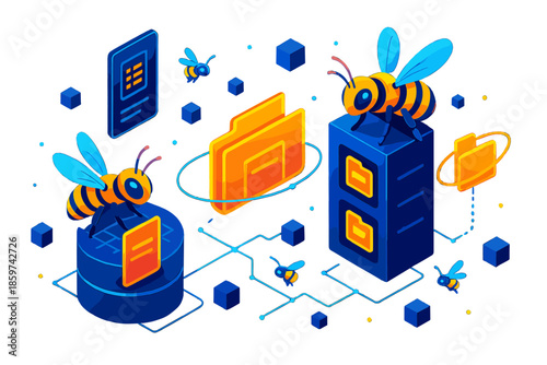 Robotic Bees Organizing Files. Isometric vector illustration set Bees organizing digital file storage: swarm of robotic bees