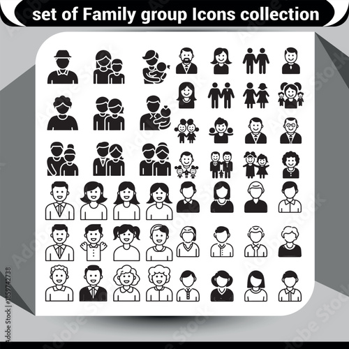 Diverse collection of family and people group icons in solid and outline styles