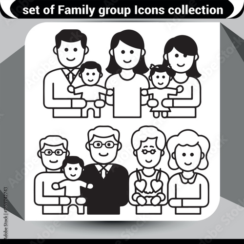 Set of diverse family group icons collection featuring parents, children and extended family