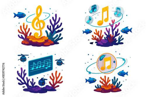 Musical Coral Reefs. Isometric vector illustration set Coral reefs encoding classical music: floating coral reefs forming glowing