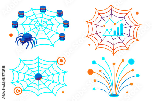 Digital Web Connectivity. Isometric vector illustration set Spiderwebs mapping internet connections: floating luminous spiderwebs