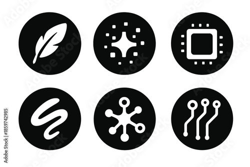 Digital Inspiration Icons. Solid style round vector icons of digital inspiration: stylus feather, pixel glow, chip outline,