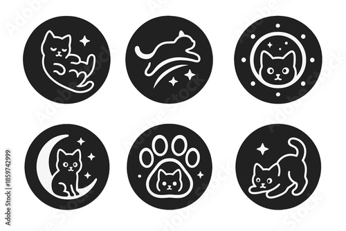 Galactic Kitten Icons. Solid style round vector icons of galactic kitten: floating cat, star trail, spaceship window, moonlight,