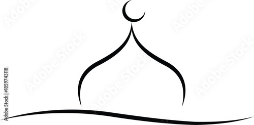 Minimalist islamic mosque dome and crescent moon line art icon isolated on white background