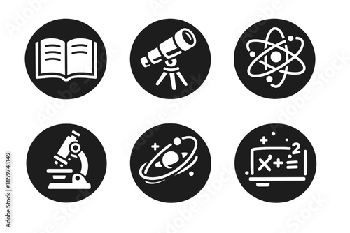 Scientific Icons Collection. Solid style round vector icons of scientific learning: book, telescope, atom, microscope, orbit,