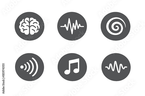 Cognitive Rhythm Icons. Solid style round vector icons of cognitive rhythm: brain, waveform, spiral, echo curve, music note,