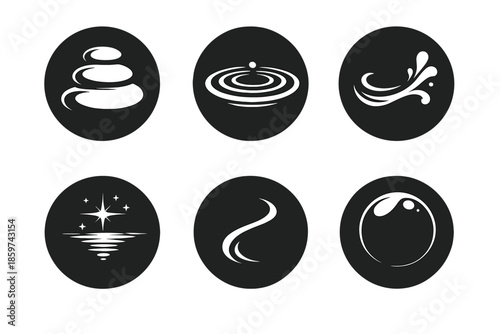 Harmony Icons Collection. Solid style round vector icons of harmony and balance: stone, ripple, fluid motion, reflection glow,