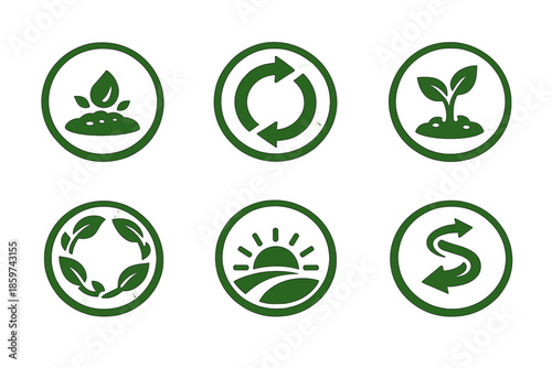 Life Cycle Icons. Solid style round vector icons of life cycle: seed, circle, bud, leaf ring, sunrise, renewal path No text, No