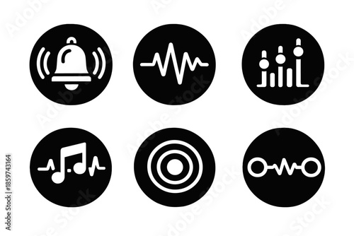 Musical Signal Icons. Solid style round vector icons of musical signal: bell, waveform, equalizer, note pulse, resonance ring,