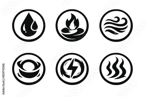 Balanced Energy Icons. Solid style round vector icons of balanced energy: drop, flame, breeze, ring, current, heat wave No text,