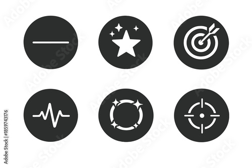 Clarity Icon Set. Solid style round vector icons of clarity and aim: line, star, arrow, pulse, glow ring, focus No text, No labels