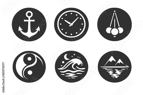 Stability Icons Collection. Solid style round vector icons of patience and stability: anchor, clock face, pendulum, balance ring,