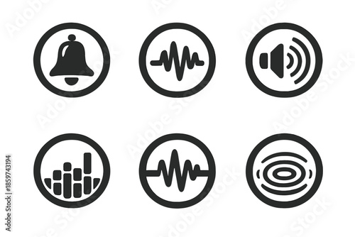 Auditory Icons Collection. Solid style round vector icons of auditory communication: bell, waveform, signal beam, frequency bar,