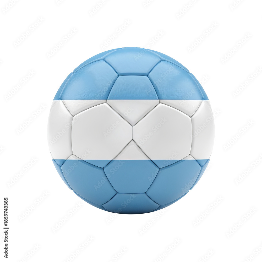 Fototapeta premium Blue and white soccer ball with a flag-inspired design, featuring a central white horizontal stripe on a light blue background, isolated on a transparent background.