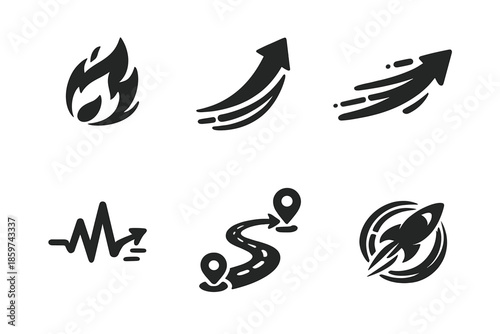 Momentum Icons. Solid style icons of steady momentum: flamepoint, arrow curve, motion line, pulse wave, path marker, speed ring No