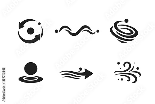 Dynamic Motion Icons. Solid style icons of balanced motion: rotation line, wave path, spiral ring, floating circle, wind arrow,