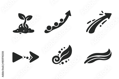 Evolving Iconography. Solid style icons of evolving form: seed sprout, growth line, motion curve, transition mark, unfolding shape