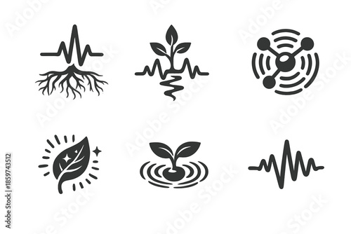 Organic Frequency Icons. Solid style icons of Organic Frequency: root pulse, tone branch, vibration node, glowing leaf, harmonic