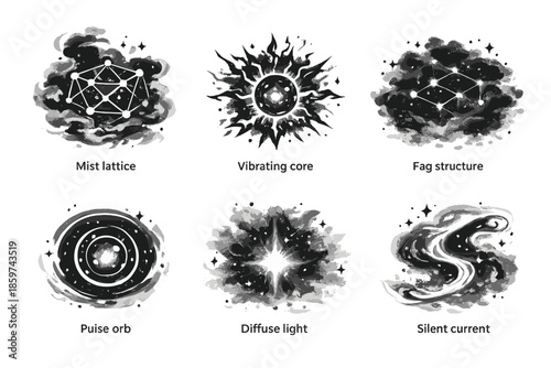 Hidden Energy Icons. Solid style icons of Hidden Energy: mist lattice, vibrating core, fog structure, pulse orb, diffuse light,
