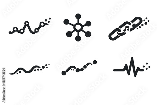 Harmonized Dataflow Icons. Solid style icons of Harmonized Dataflow: graph stream, network seed, rhythm link, smooth current,