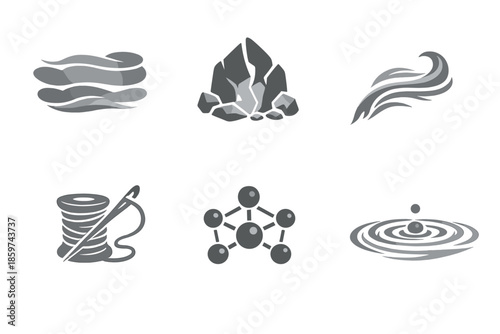 Grounded Clarity Icons. Solid style icons of Grounded Clarity: fog band, stone crest, flowing arc, soft thread, solid node,