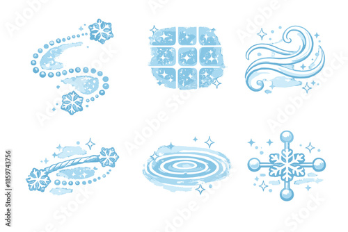 Serene Frost Icons. Solid style icons of Serene Frost: flake path, mist grid, airy line, icy thread, delicate ripple, snow node No