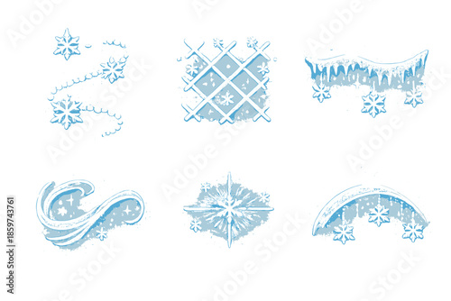 Subtle Frost Icons. Solid style icons of Subtle Frost: flake path, mist lattice, frozen line, airy curve, snow pulse, delicate arc