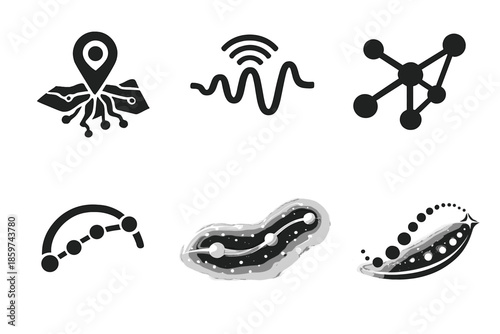 Connected Geography Icons. Solid style icons of Connected Geography: map root, signal curve, node thread, data arc, luminous line,