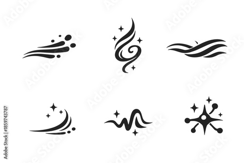 Gentle Drift Icons. Solid style icons of Gentle Drift: dust step, sky thread, flowing line, airy arc, soft pulse, luminous node No