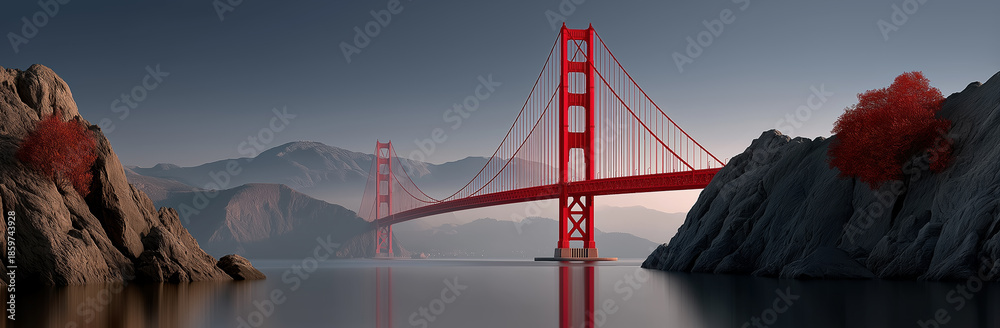 Fototapeta premium Red suspension bridge over bay at sunset panoramic landscape travel landmark and engineering architecture background