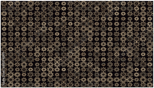 A dark brown background with a repeating pattern of small light brown flowers and hexagons