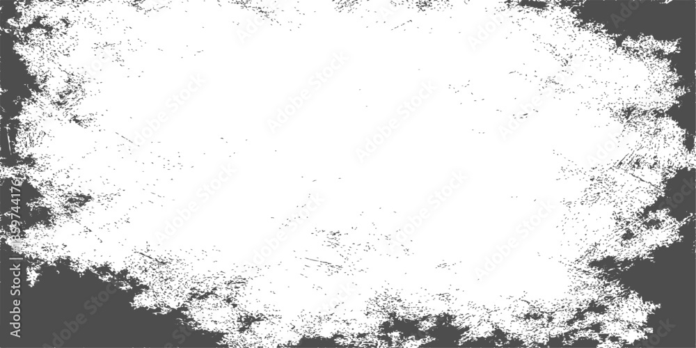 Fototapeta premium An abstract dark grunge background featuring a vintage ink splat design with a dirty paint texture and a decorative black spray frame border on an old paper wall illustration