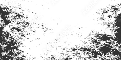 An abstract black and white grunge background featuring a liquid ink splash pattern with dark paint splatters and artistic water droplets in a textured vector design