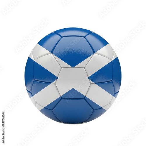 Soccer ball with Scottish flag design, featuring blue and white X-shaped cross on a seamless, textured surface, isolated on a transparent background, symbolizing national pride and sport spirit.
