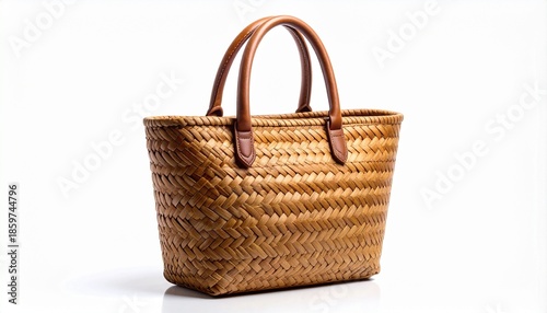 Handcrafted Woven Wicker Tote Bag with Braided Handles Isolated on a Clean Reflective White Background