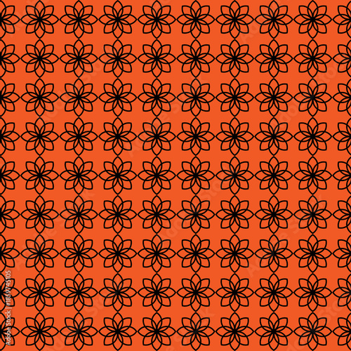 Seamless floral ornament pattern with black line flowers on a bright orange background. Abstract decorative repeating texture for textile print, wallpaper, wrapping paper, branding and surface design.