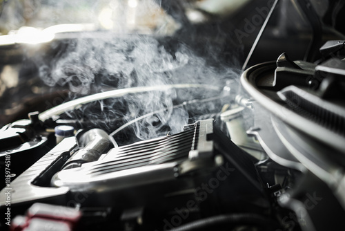  close-up of a car engine that has overheated, with smoke billowing from the engine compartment and causing damage.