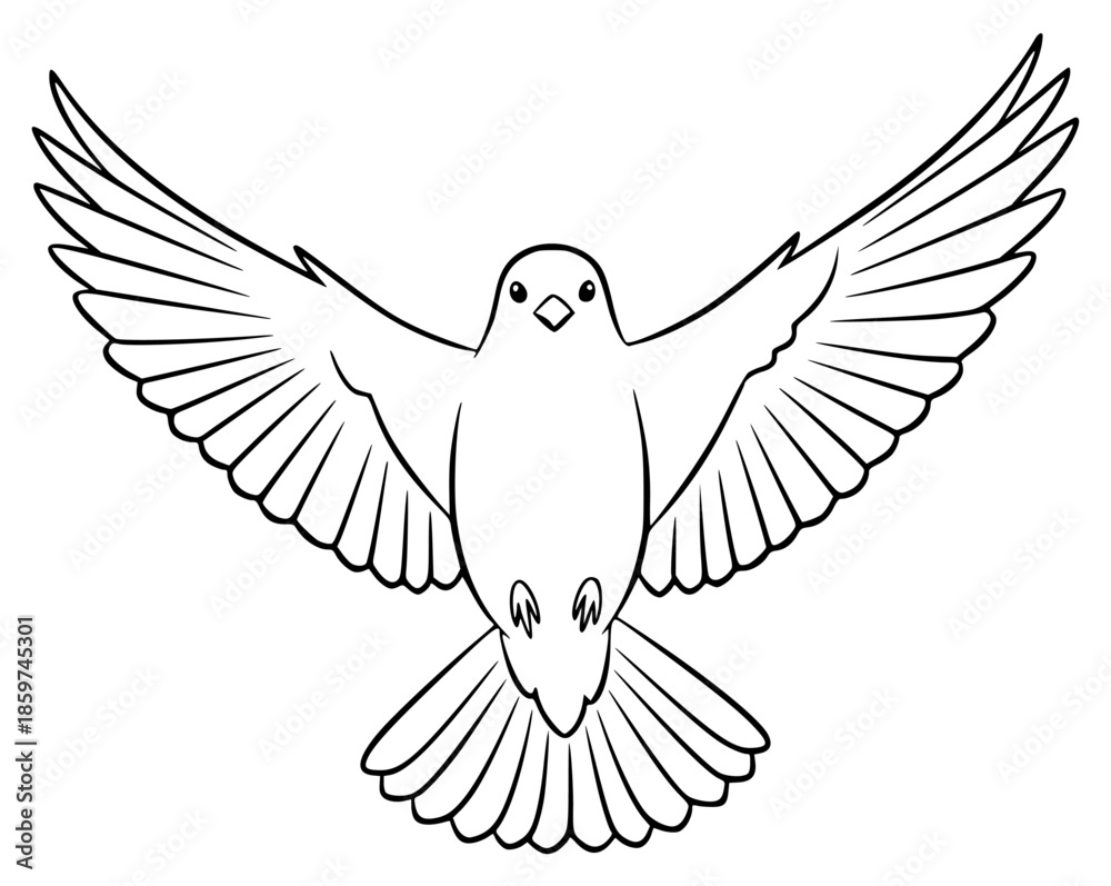 Fototapeta premium a black and white drawing of a bird of peace flying, bird, black, dove, drawing, fly, peace, pigeon, white, wing, against transparent background