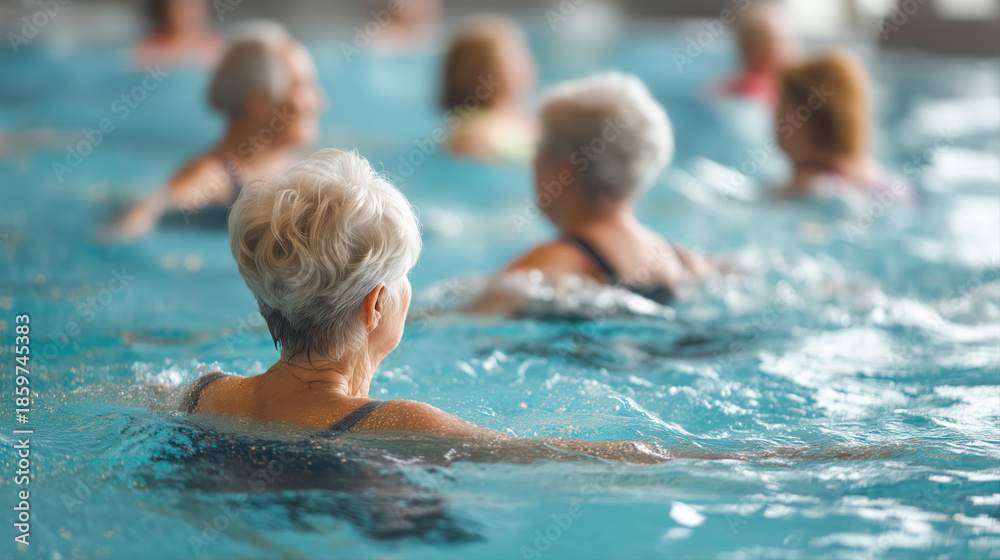 Fototapeta premium Group of senior women exercising in pool aqua fitness class healthy aging wellness and social activity