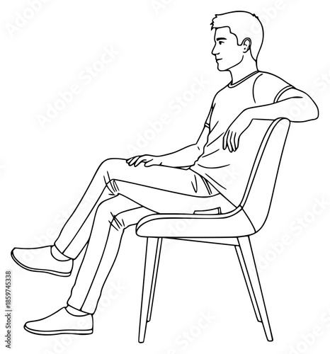 a young man sitting in a chair, black and white drawing, black, chair, draw, man, sit, sit in, sit on, young, against transparent background