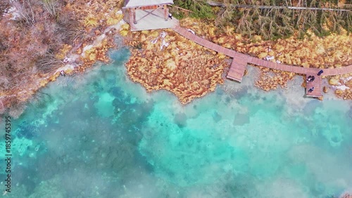 Top-down aerial view of Zelenci Springs boardwalk, Slovenia