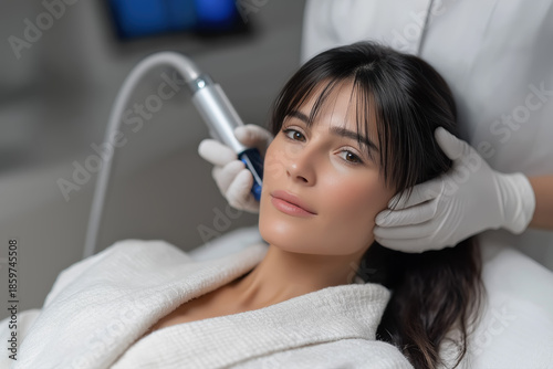 Woman receiving hardware facial treatment in cosmetic clinic aesthetic medicine skincare and beauty rejuvenation procedure