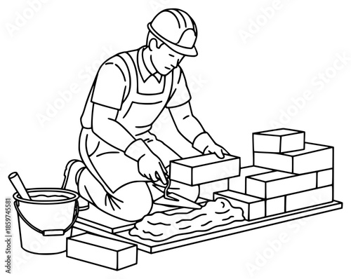 a man is a construction worker with a bucket and bricks, black, brick, bucket, construction worker, cube, man, person, worker, against transparent background