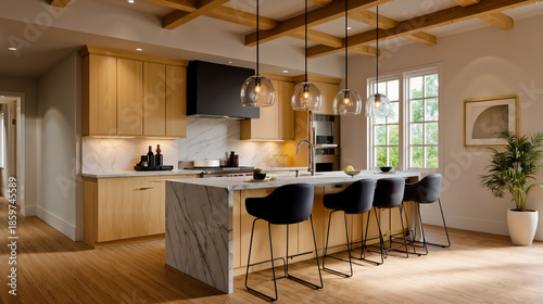 A modern kitchen with a marble countertop stools pendant lights and a view of the outdoors