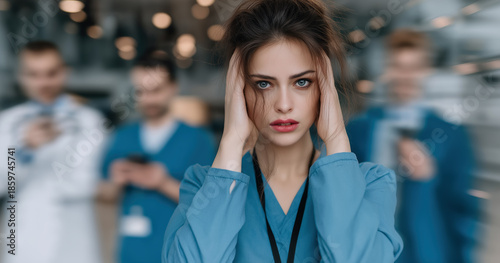 Stressed nurse in scrubs holding head in busy hospital corridor medical burnout and crisis workload situation