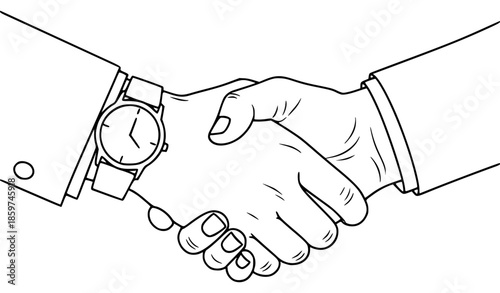 black and white of a businessman shaking hands with a clock and watch, black, businessman, clock, hand, handshake, hold, man, shake, watch, against transparent background