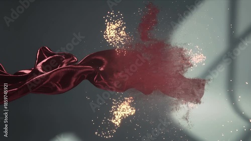 Red silk fabric dissolving into glowing particles