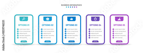 Progress bar featuring 5 arrow-shaped elements, symbolizing the five stages of business strategy and progression. Clean timeline infographic design template. Vector for mobile presentation.