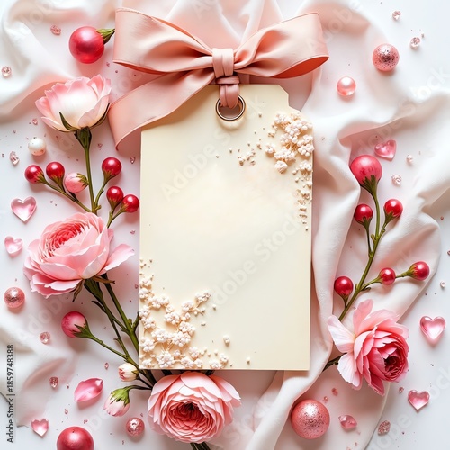 Elegant Valentine’s Day floral tag mockup with pink roses and ribbon on soft fabric background
