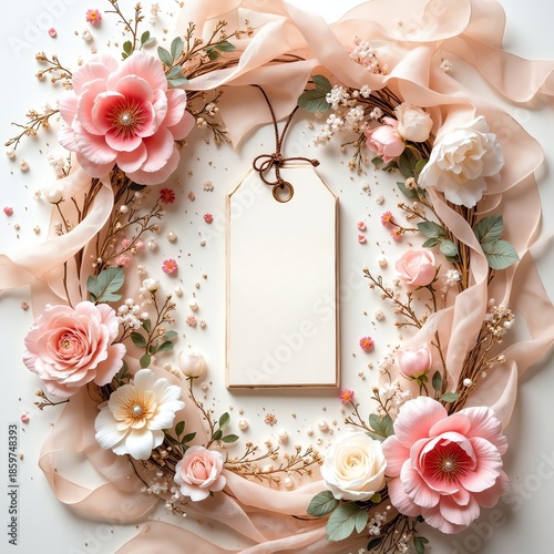 Elegant Valentine floral wreath with blank hanging tag, pastel flowers and soft fabric
